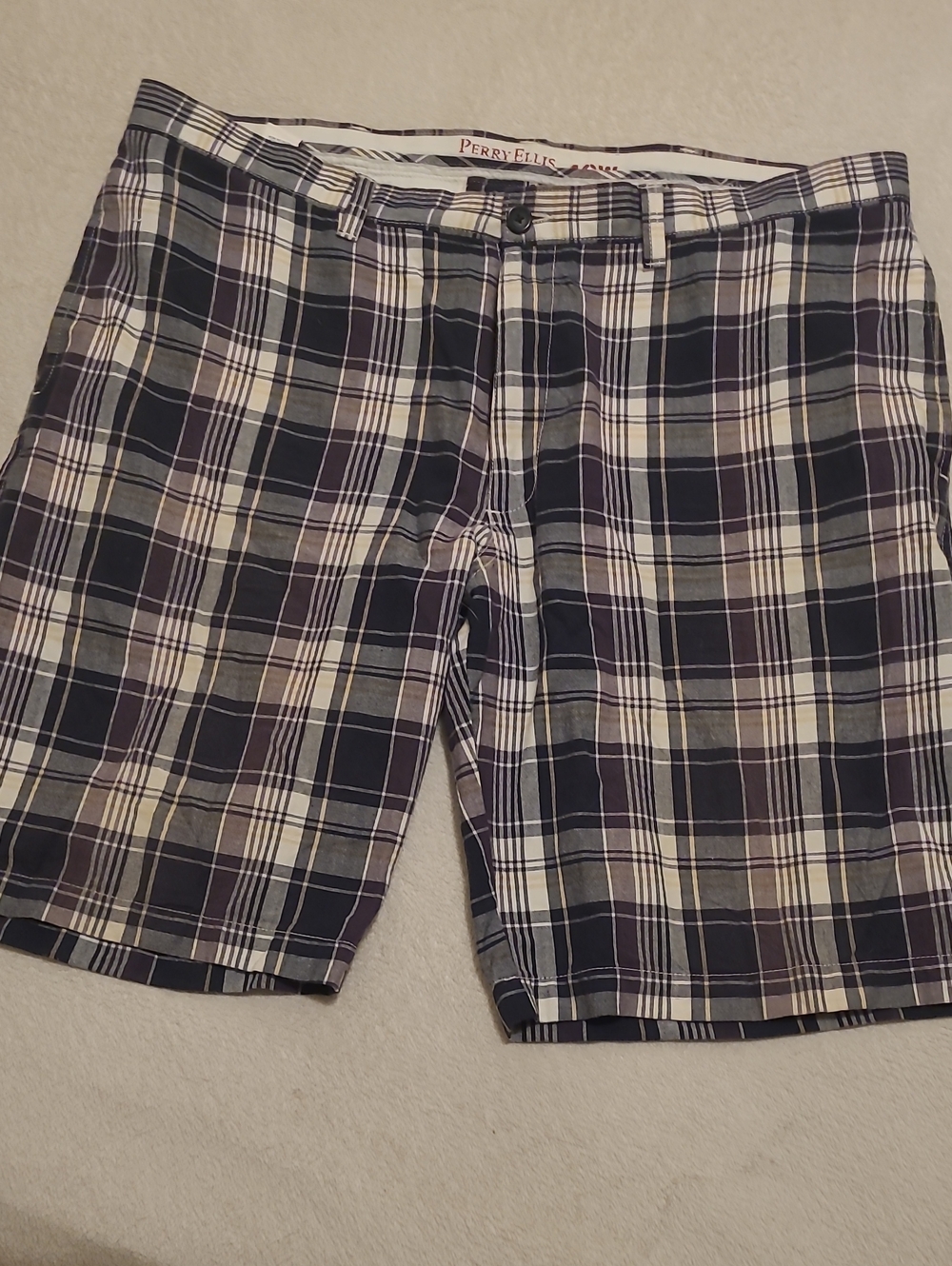 Perry Ellis Navy and White Plaid Flat-Front Men’s Shorts